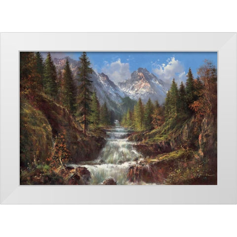Waterfall In The Carpathians White Modern Wood Framed Art Print by Glassl, Helmut