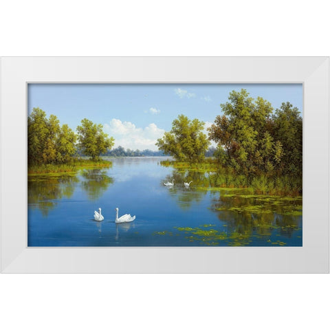 RIVER WITH SWANS I White Modern Wood Framed Art Print by Slava