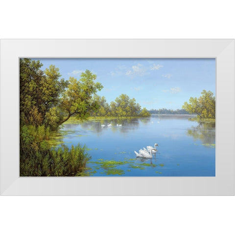 RIVER WITH SWANS II White Modern Wood Framed Art Print by Slava