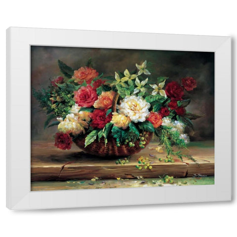 Flowers in basket White Modern Wood Framed Art Print by Stevens, Jo