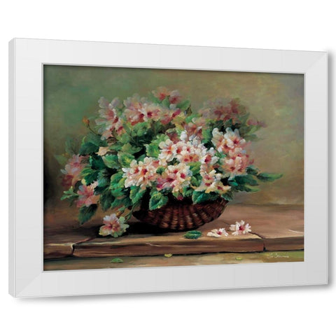 Pink flowers in basket White Modern Wood Framed Art Print by Stevens, Jo