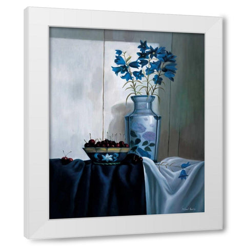 Stillife in blue with cherries White Modern Wood Framed Art Print by Harris, Michael