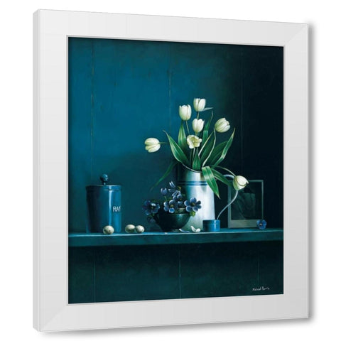 Stillife in blue with tulips White Modern Wood Framed Art Print by Harris, Michael