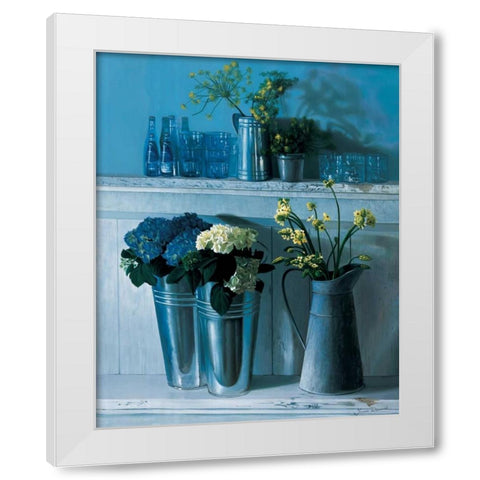 Stillife with silver pots White Modern Wood Framed Art Print by Demmick, James