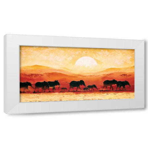 Elephants in sunset White Modern Wood Framed Art Print by Renee
