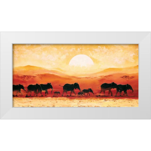 Elephants in sunset White Modern Wood Framed Art Print by Renee