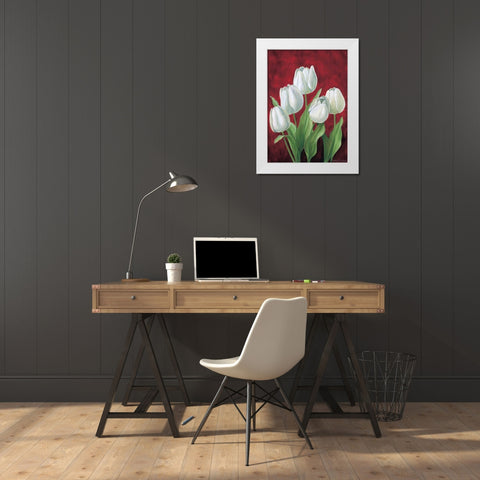 Tulips on burdundy II White Modern Wood Framed Art Print by Schweser, Gertrud