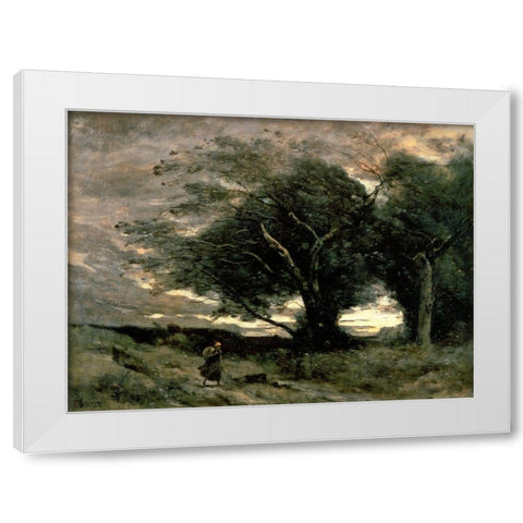 Gust of Wind White Modern Wood Framed Art Print by Corot, Jean-Baptiste-Camille