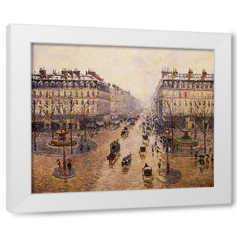The Avenue De LOpera White Modern Wood Framed Art Print by Pissarro, Camille
