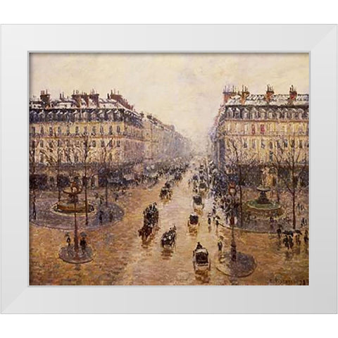 The Avenue De LOpera White Modern Wood Framed Art Print by Pissarro, Camille