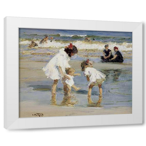 Children Playing At The Seashore White Modern Wood Framed Art Print by Potthast, Edward Henry