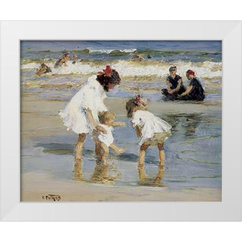 Children Playing At The Seashore White Modern Wood Framed Art Print by Potthast, Edward Henry