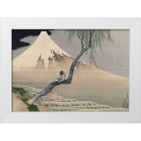 Boy Viewing Mount Fuji, 1839 White Modern Wood Framed Art Print by Hokusai, Katsushika