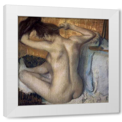 Woman Combing Her Hair White Modern Wood Framed Art Print by Degas, Edgar