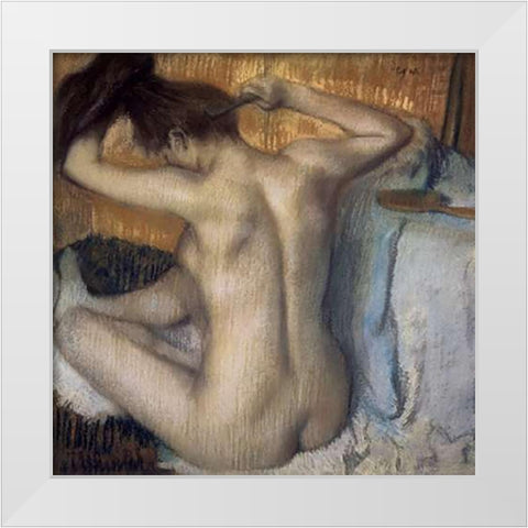 Woman Combing Her Hair White Modern Wood Framed Art Print by Degas, Edgar