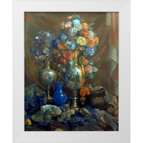 Vases, Flowers, Fruits, 1912 White Modern Wood Framed Art Print by Sapunov, Nikolai