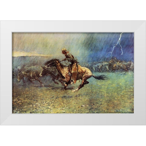 The Stampede White Modern Wood Framed Art Print by Remington, Frederic