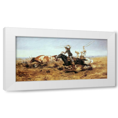 O. H. Cowboys Roping a Steer White Modern Wood Framed Art Print by Russell, Charles M.
