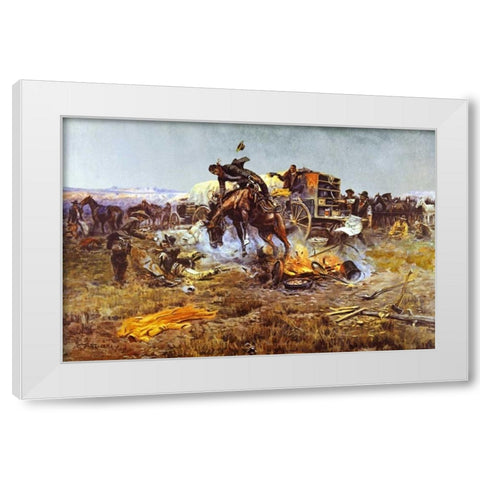 Camp Cooks Troubles White Modern Wood Framed Art Print by Russell, Charles M.