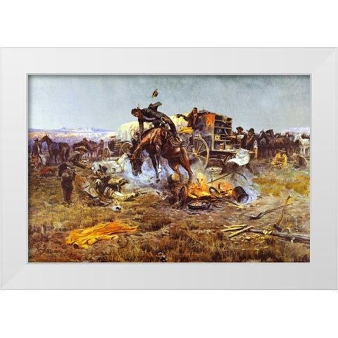Camp Cooks Troubles White Modern Wood Framed Art Print by Russell, Charles M.