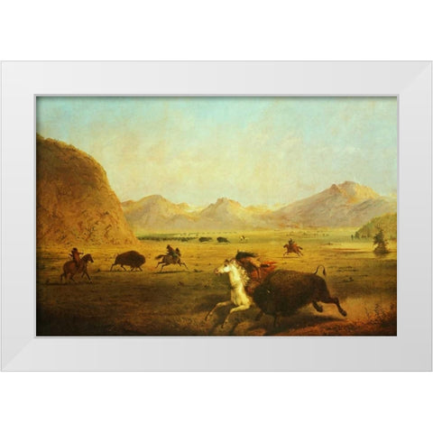 Buffalo Hunt White Modern Wood Framed Art Print by Miller, Alfred J.