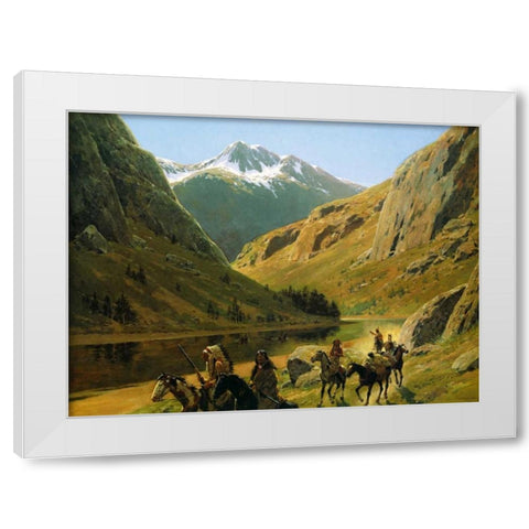 Indian Maurauders In Party Fording Stream White Modern Wood Framed Art Print by Farny, Henry