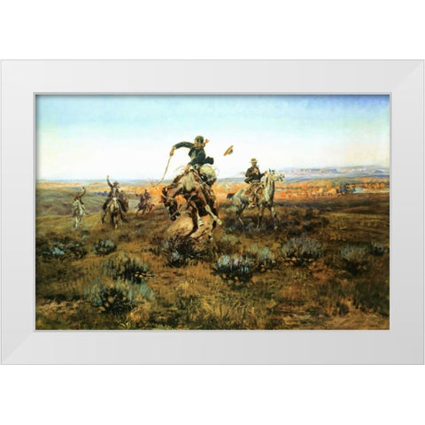 A Bad One White Modern Wood Framed Art Print by Russell, Charles M.