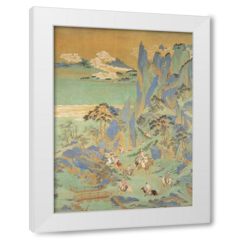 Travellers In The Mountains Of Shu White Modern Wood Framed Art Print by Anonymous