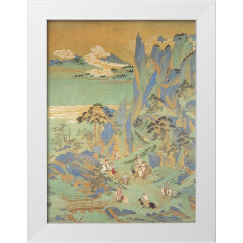 Travellers In The Mountains Of Shu White Modern Wood Framed Art Print by Anonymous