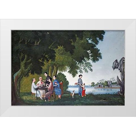Chinese Playing Cards By a River White Modern Wood Framed Art Print by Anglo-Chinese School
