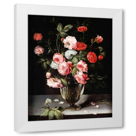 Roses and Carnations In a Glass Vase On a Stone Ledge White Modern Wood Framed Art Print by Brueghel, Ambrosius