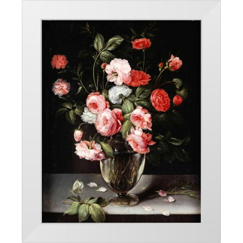 Roses and Carnations In a Glass Vase On a Stone Ledge White Modern Wood Framed Art Print by Brueghel, Ambrosius