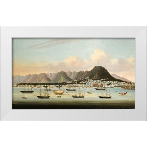 A View of Victoria, Hong Kong, With The Hulk H.M.S Princess Charlotte White Modern Wood Framed Art Print by Chinese School