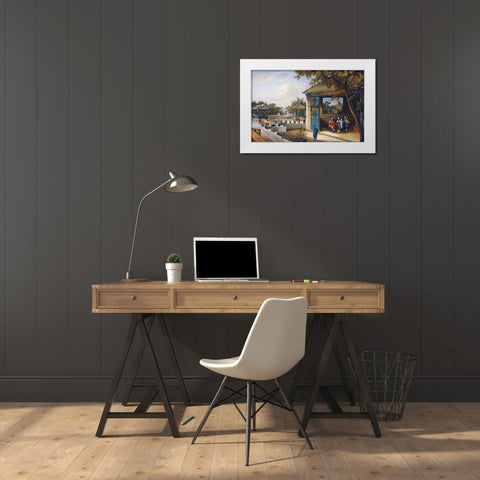 Chinese Ladies Playing Mahjong In The Pavilion of a House White Modern Wood Framed Art Print by Chinese School