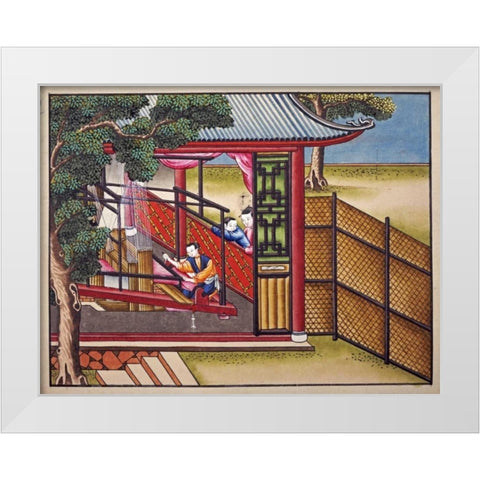 Weaving Silk On a Loom White Modern Wood Framed Art Print by Chinese School
