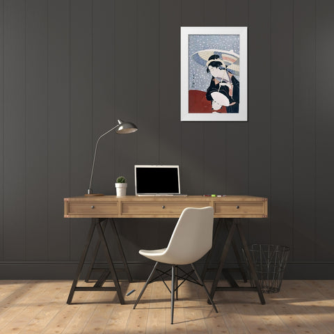 A Manservant Clearing The Geta of a Beauty On a Winters Day White Modern Wood Framed Art Print by Choki, Eishosai