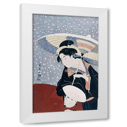 A Manservant Clearing The Geta of a Beauty On a Winters Day White Modern Wood Framed Art Print by Choki, Eishosai