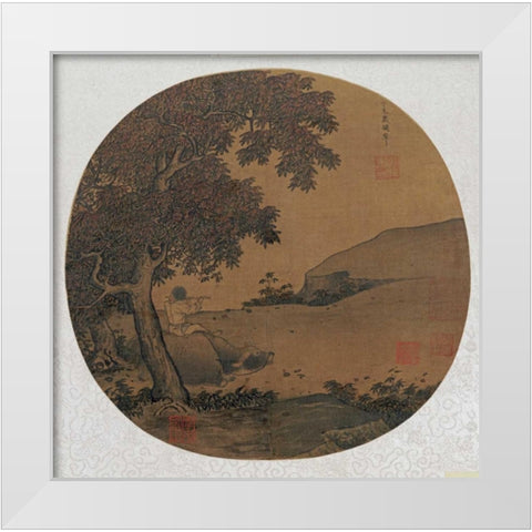 Herdboy Playing The Flute Astride a Water Buffalo White Modern Wood Framed Art Print by Ciping, Yan