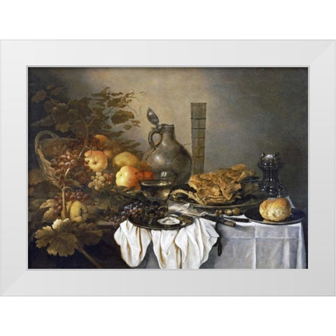 A Still Life With a Roemer, Oysters, a Roll and Meat White Modern Wood Framed Art Print by Claesz, Pieter