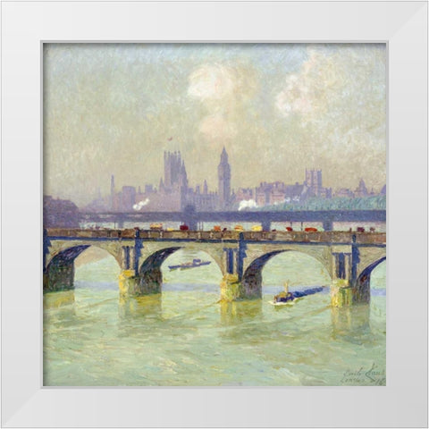 Waterloo Bridge and Hungerford Bridge With The Houses of Parliament Beyond White Modern Wood Framed Art Print by Claus, Emile