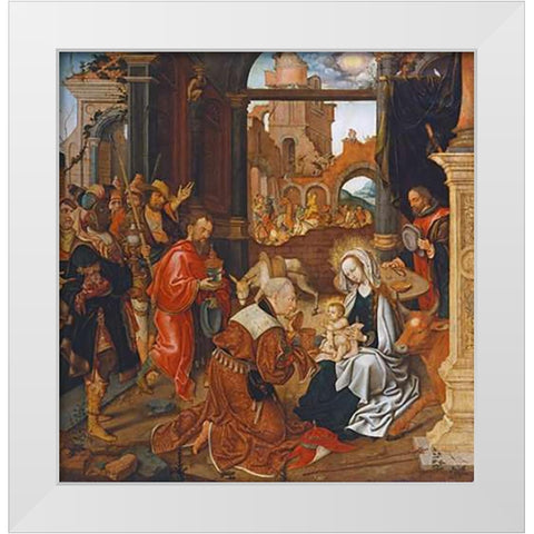 Adoration of The Kings White Modern Wood Framed Art Print by Cornelisz, Jakob Van Amsterdam