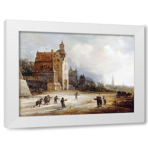 Soldiers Playing Skittles On a Road White Modern Wood Framed Art Print by De Momper, Frans