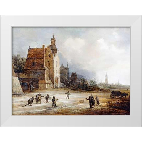 Soldiers Playing Skittles On a Road White Modern Wood Framed Art Print by De Momper, Frans