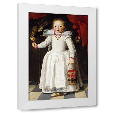 A Young Girl Holding a Basket of Cherries White Modern Wood Framed Art Print by Vos, Cornelis De