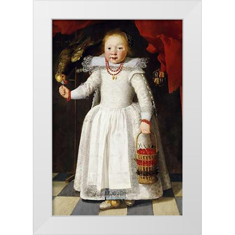 A Young Girl Holding a Basket of Cherries White Modern Wood Framed Art Print by Vos, Cornelis De