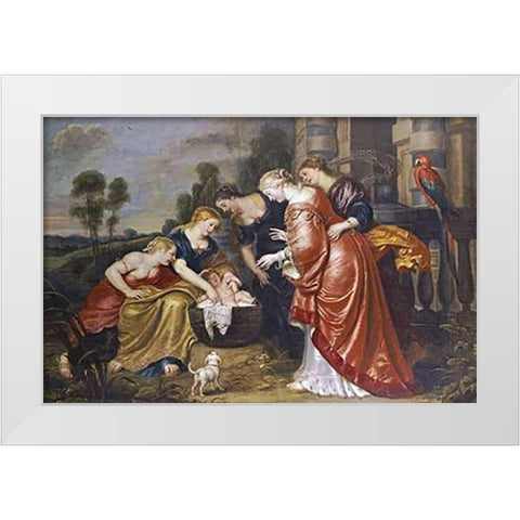The Finding of Moses White Modern Wood Framed Art Print by Vos, Cornelis De