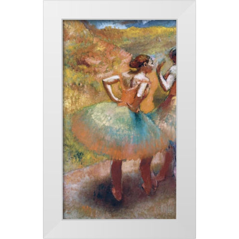 Two Dancers In Green Skirts White Modern Wood Framed Art Print by Degas, Edgar