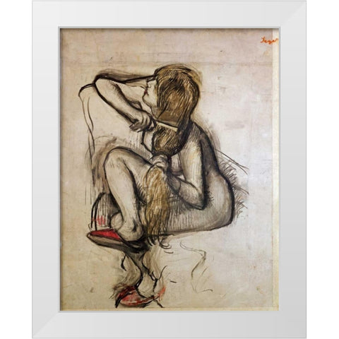 Woman Combing Her Hair White Modern Wood Framed Art Print by Degas, Edgar