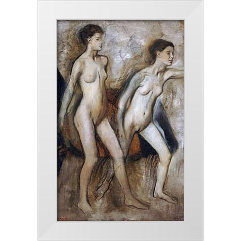 Young Spartan Girls Provoking The Boys White Modern Wood Framed Art Print by Degas, Edgar