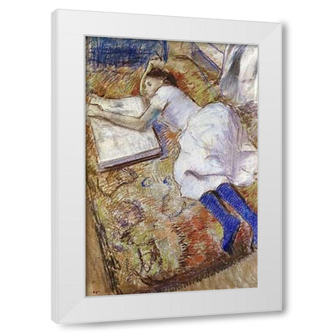 A Young Girl Stretched Out and Looking at An Album White Modern Wood Framed Art Print by Degas, Edgar